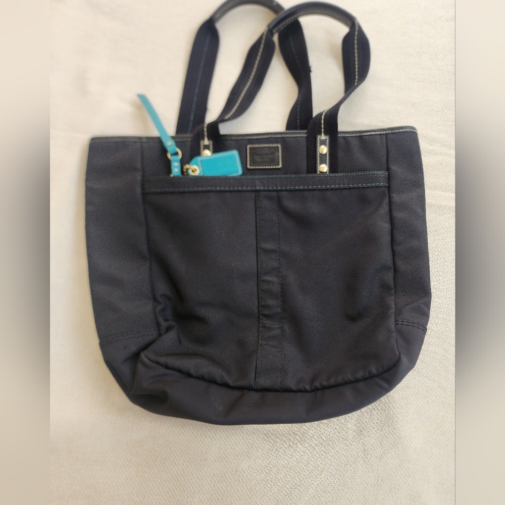 COACH Black Teal Nylon Hand Bag Purse Short Handle Zippered Bag EUC - Picture 3 of 9